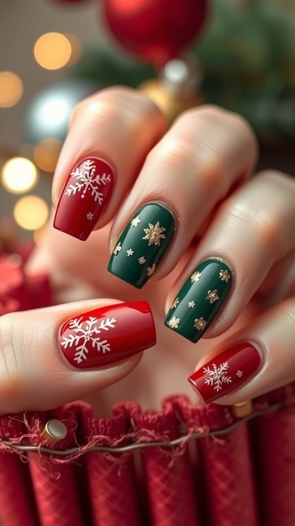 Classy Christmas Nail Designs for December Classy Christmas nail designs in red and green with snowflakes and glitter.